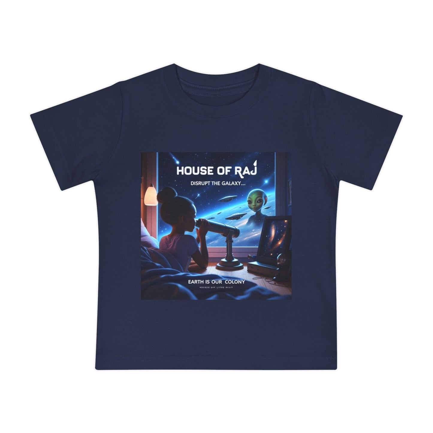 House of Raj “Disrupt the Galaxy: Arri Meets Netuu Cosmic Adventure” Baby Tee, Cute Kids T-Shirt, Space Themed T-Shirt, Gift for Little Astronauts, Unique Baby Gift