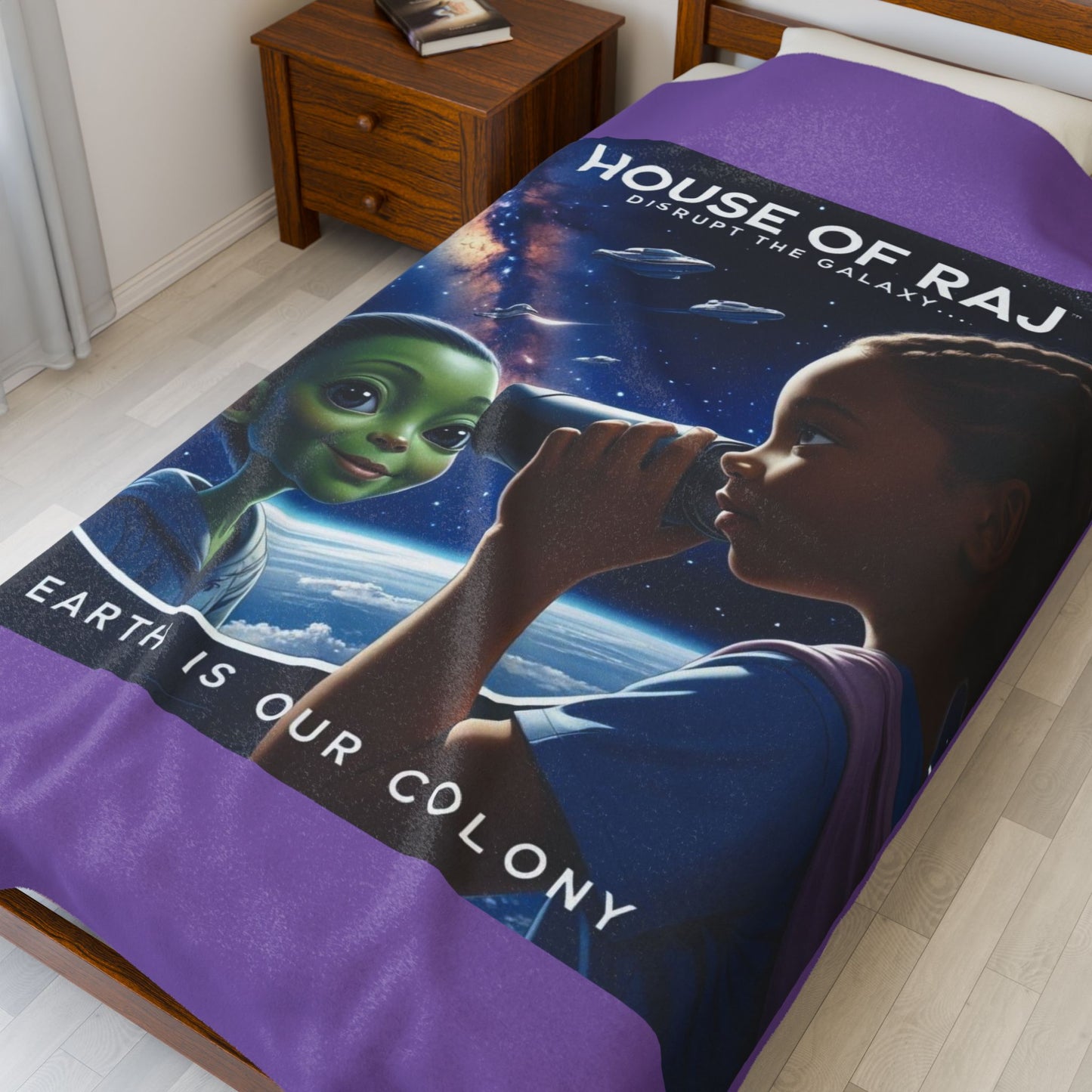 House of Raj “Disrupt the Galaxy: Arri Explores Galactic Adventures” Velveteen Plush Blanket 🌠 - Cozy Space-Themed Throw for Kids, Alien Decor, Soft Blanket Gift, Bedtime Story Companion