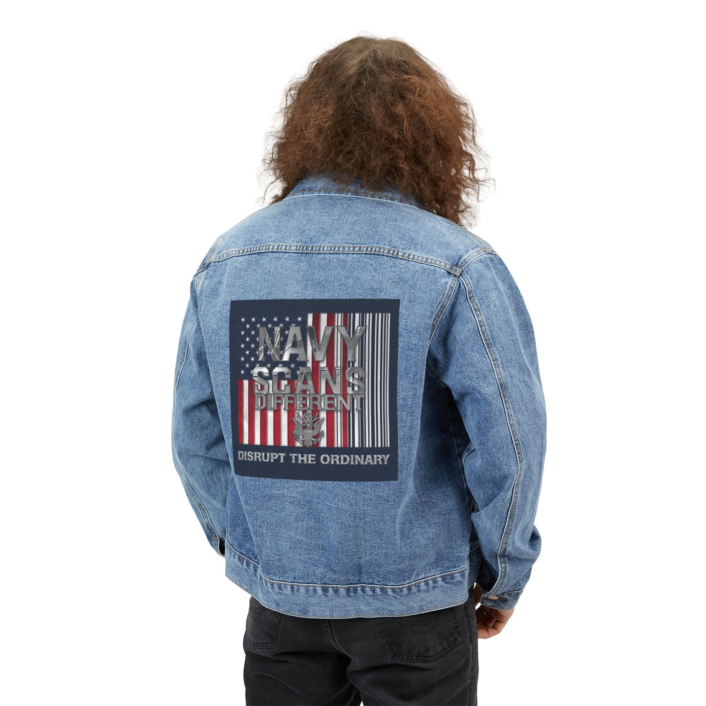 House of Raj “Navy Scans Different” Men’s Denim Jacket, Casual Outerwear, Gifts for Him, Patriotic Fashion, Unique Style for All Seasons