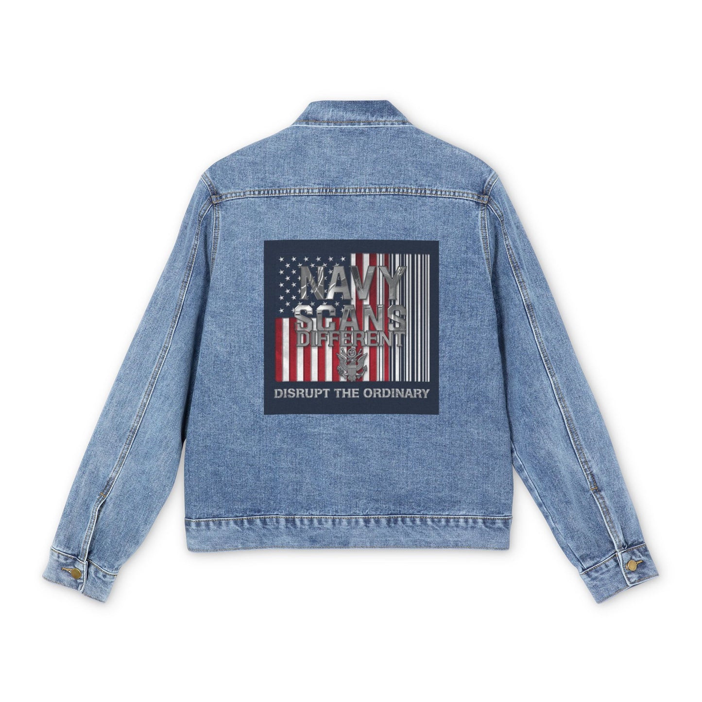 House of Raj “Navy Scans Different” Men’s Denim Jacket, Casual Outerwear, Gifts for Him, Patriotic Fashion, Unique Style for All Seasons