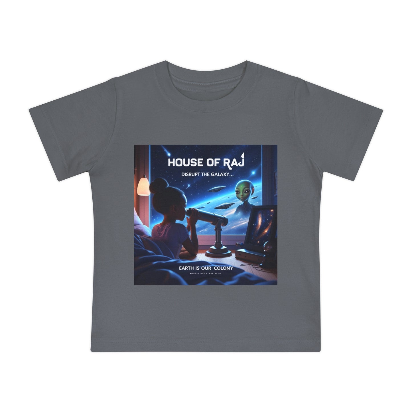 House of Raj “Disrupt the Galaxy: Arri Meets Netuu Cosmic Adventure” Baby Tee, Cute Kids T-Shirt, Space Themed T-Shirt, Gift for Little Astronauts, Unique Baby Gift