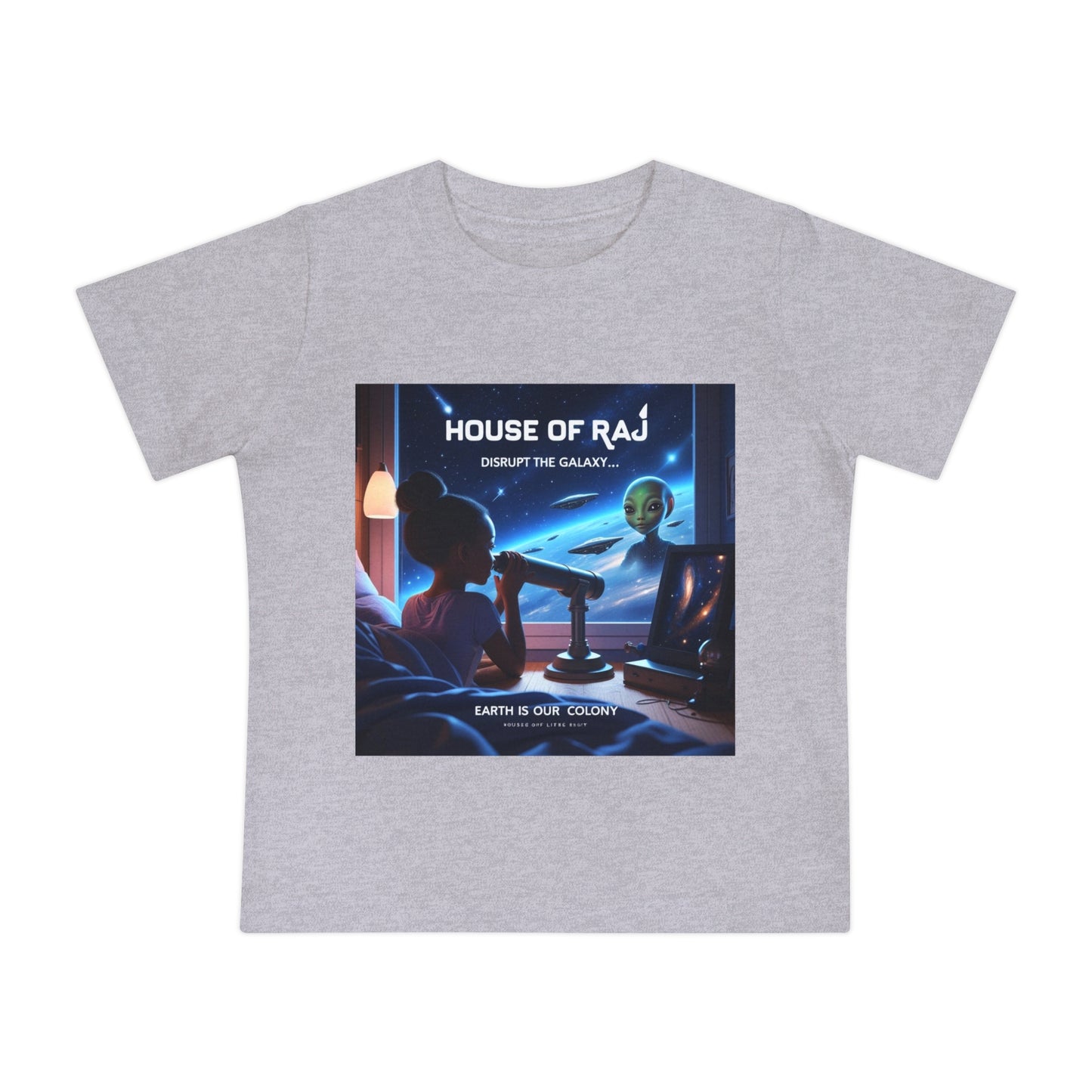 House of Raj “Disrupt the Galaxy: Arri Meets Netuu Cosmic Adventure” Baby Tee, Cute Kids T-Shirt, Space Themed T-Shirt, Gift for Little Astronauts, Unique Baby Gift