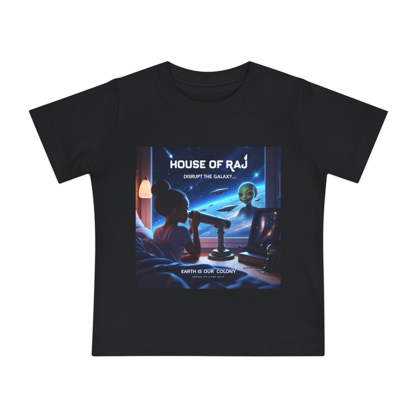House of Raj “Disrupt the Galaxy: Arri Meets Netuu Cosmic Adventure” Baby Tee, Cute Kids T-Shirt, Space Themed T-Shirt, Gift for Little Astronauts, Unique Baby Gift