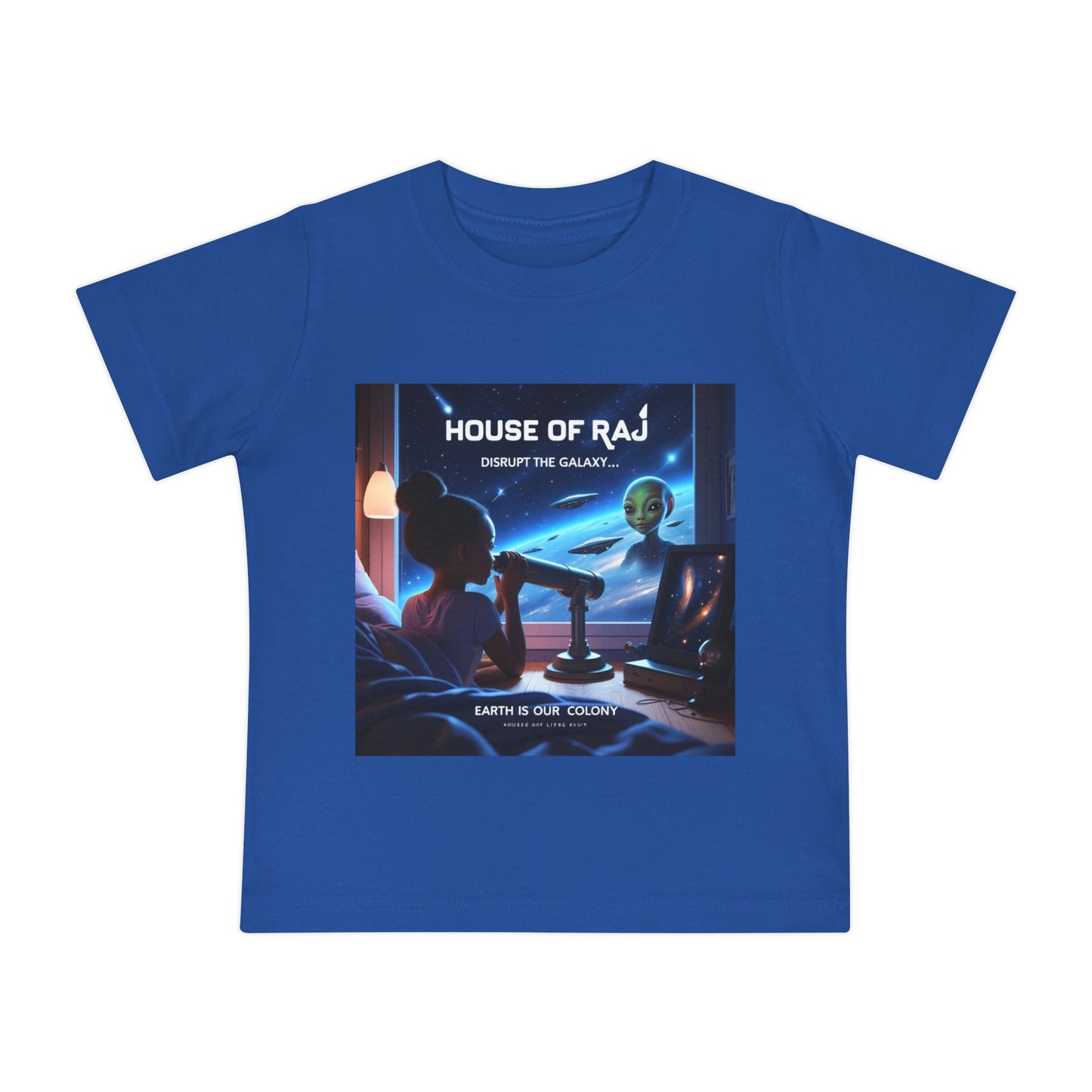 House of Raj “Disrupt the Galaxy: Arri Meets Netuu Cosmic Adventure” Baby Tee, Cute Kids T-Shirt, Space Themed T-Shirt, Gift for Little Astronauts, Unique Baby Gift