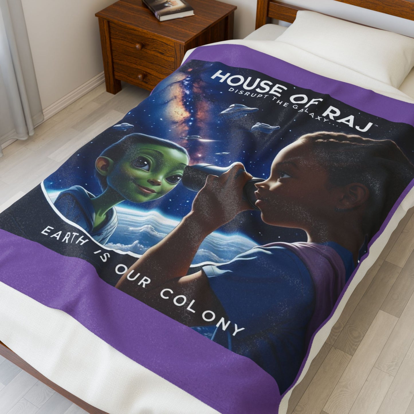 House of Raj “Disrupt the Galaxy: Arri Explores Galactic Adventures” Velveteen Plush Blanket 🌠 - Cozy Space-Themed Throw for Kids, Alien Decor, Soft Blanket Gift, Bedtime Story Companion